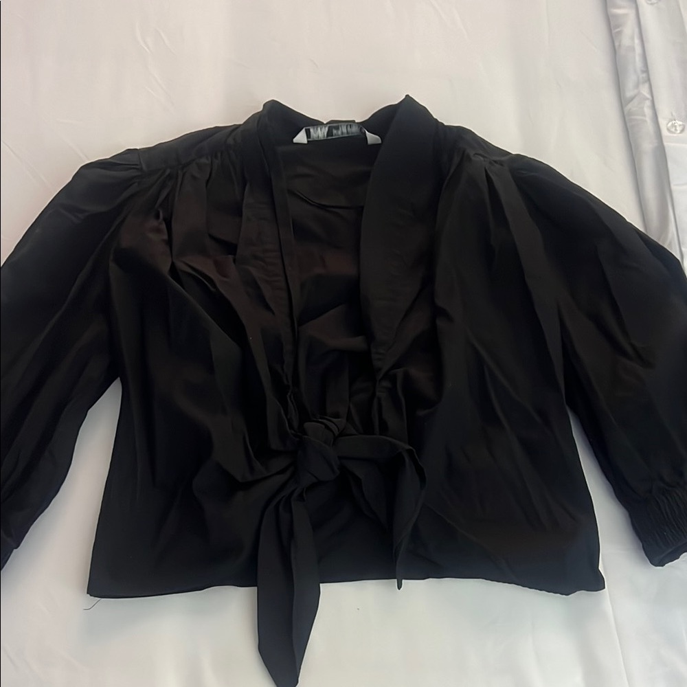 Zara Black Tie Front Mandarin Collar Blouse
